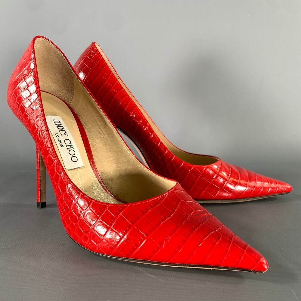 JIMMY CHOO Size 9 Red Leather J000126329395 Croc Embossed Embossed Pumps